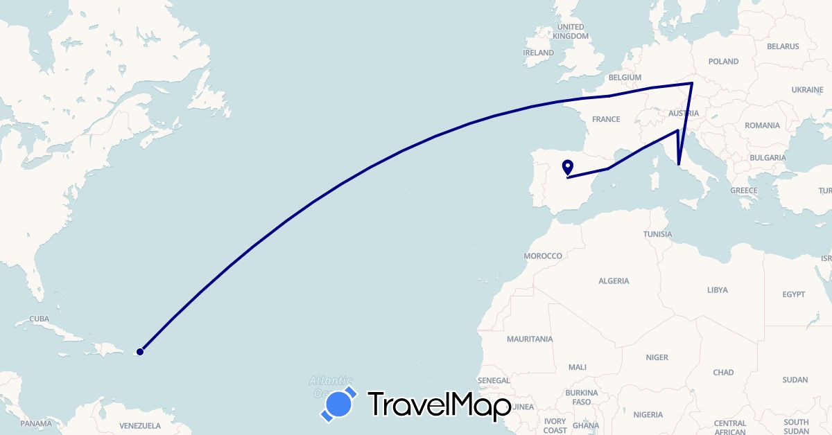 TravelMap itinerary: driving in Czech Republic, Spain, France, Italy, United States (Europe, North America)
